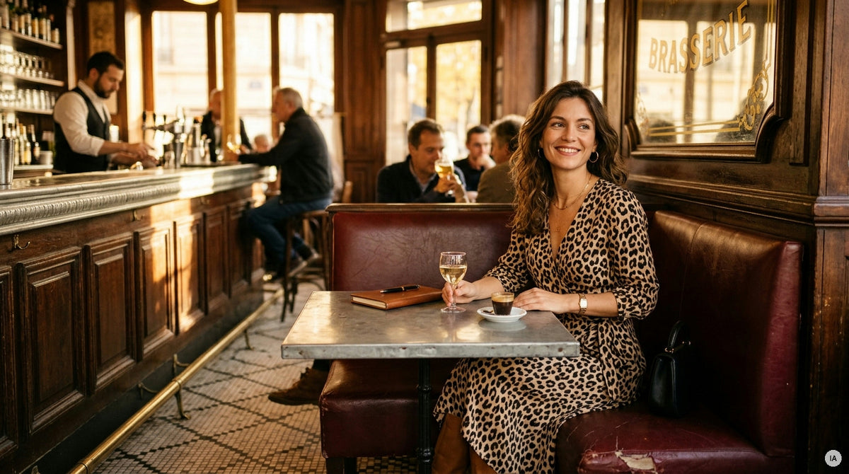 robe midi en maille côtelée camel avec bottines cuir et grand cabas — Image générée par IA