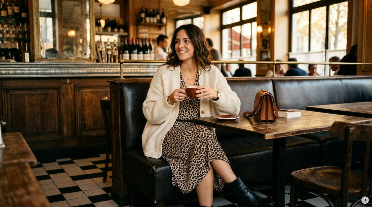 robe midi portée sous un gilet jacquard brun avec bottines automne — Image générée par IA