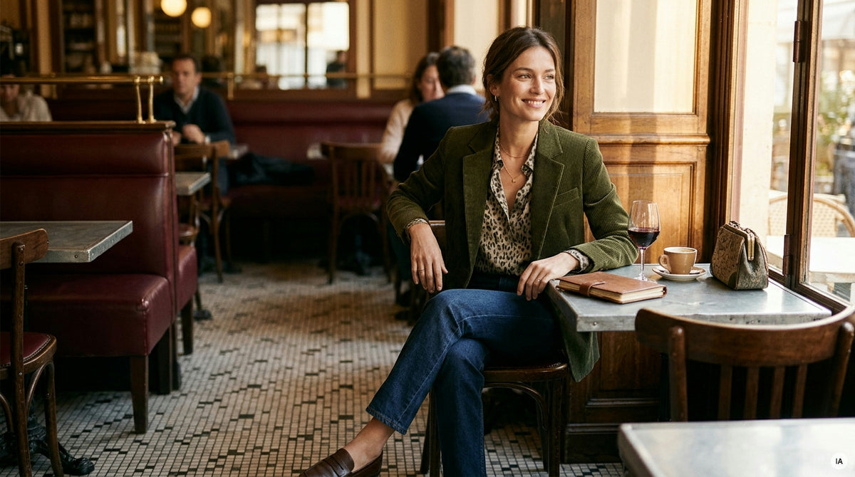 robe velours côtelé bordeaux portée avec bottes cavalières marron — Image générée par IA