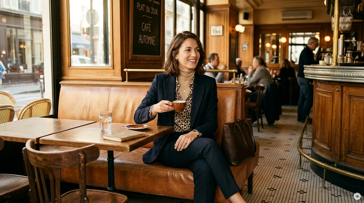 pantalon caramel blazer crème et blouse fine pour look bureau automne — Image générée par IA