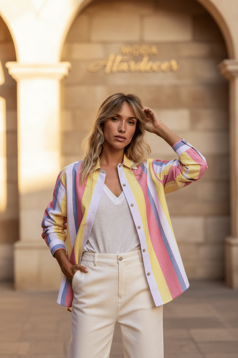CHEMISE CORA RAYURES PASTEL ROSE - LAUREPLUSMAX Chemise