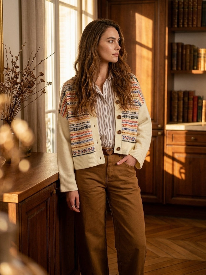 Mujer con el pantalón Joely beige de Minuit Douze y una chaqueta de punto jacquard color crudo, de pie junto a una ventana