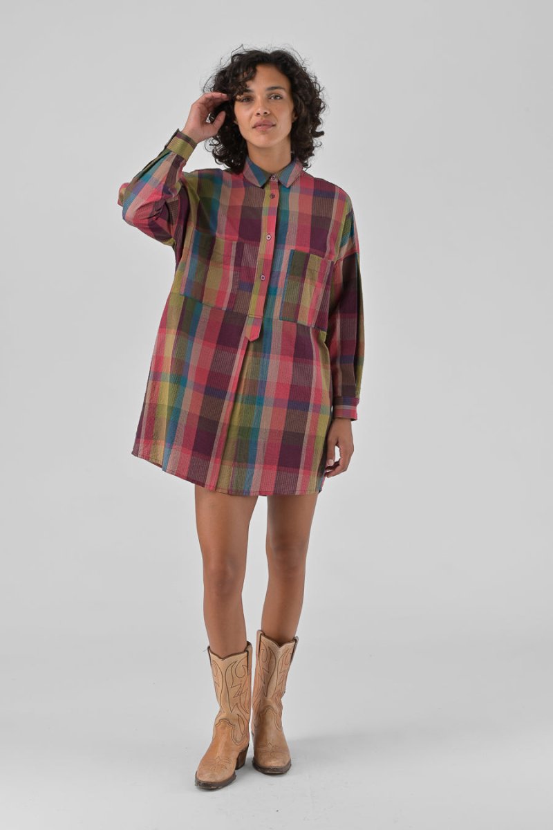ROBE CHEMISE LOU CARREAUX ROSES - ORFEO Robe