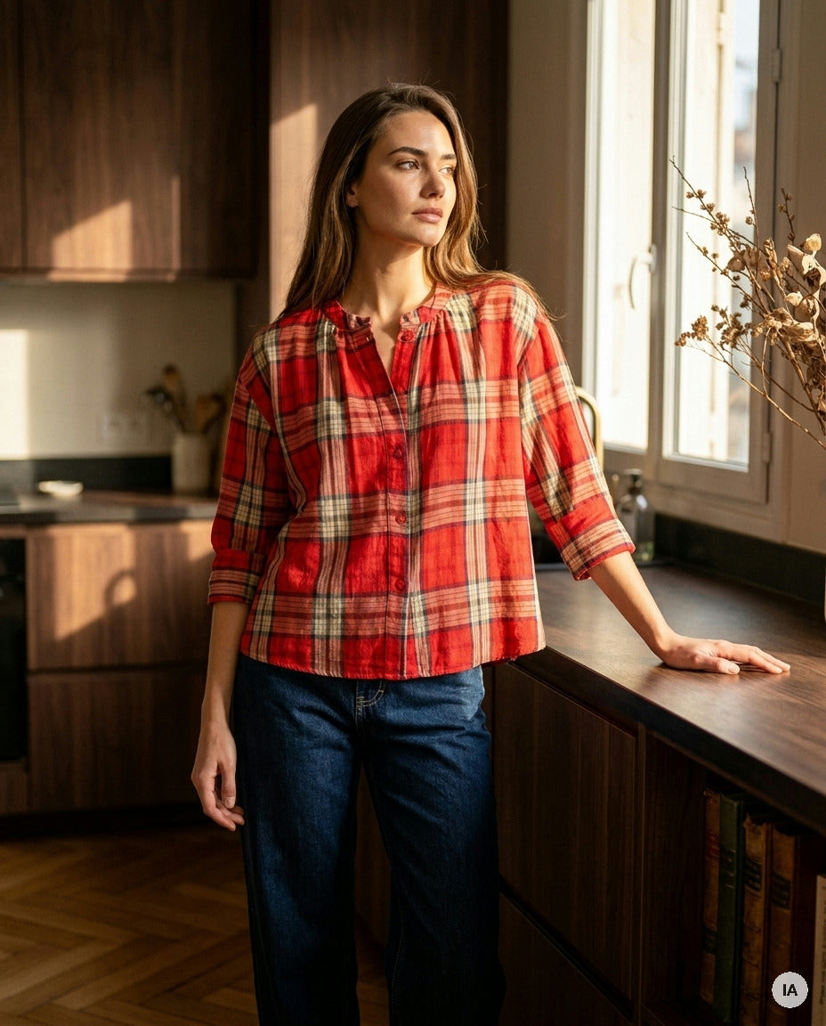TOP SIMONE CARREAUX ROUGES - ORFEO TOP — Image générée par IA