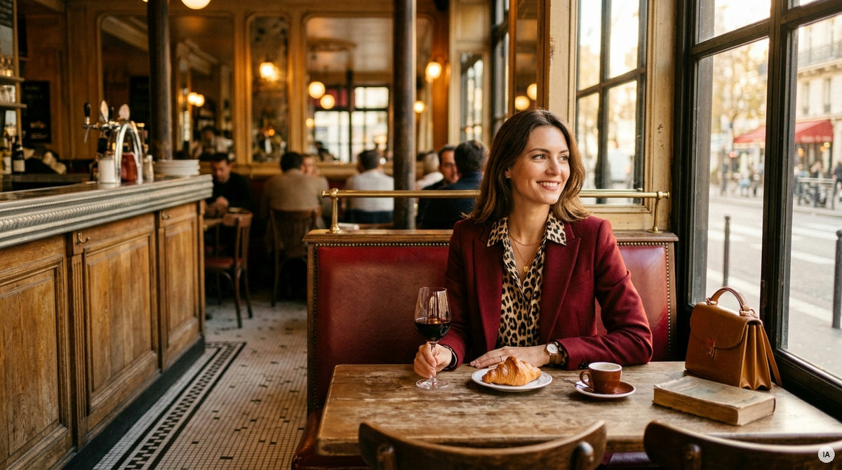 top écarlate et pantalon bordeaux posés sur fond neutre automnal — Image générée par IA