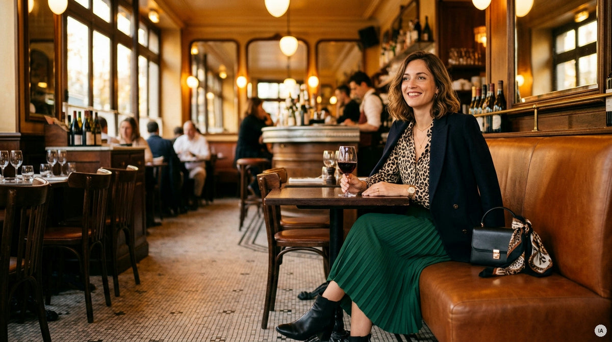 robe midi et étole cognac pour un mariage d'automne — Image générée par IA