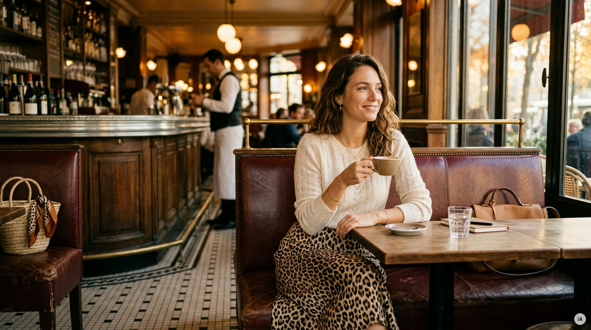top en maille camel et blouse brodée écrue posés sur fond naturel — Image générée par IA