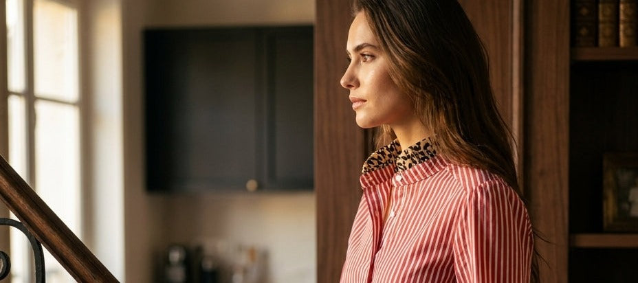 Mujer con la camisa Gaspard de rayas rojas y cuello de leopardo de Ycoo, de perfil delante de una estantería de libros