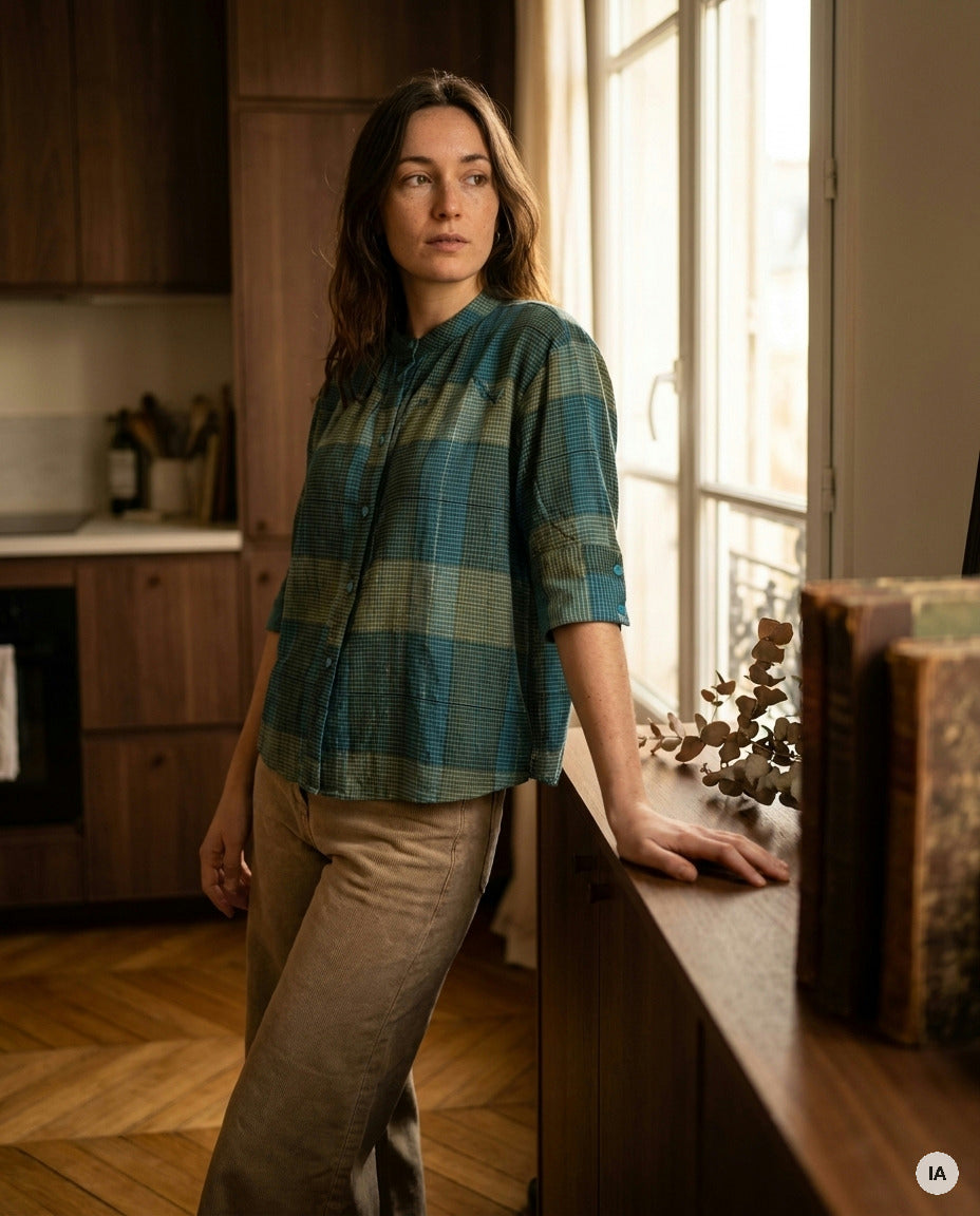 TOP SIMONE CARREAUX BLEUS - ORFEO TOP — Image générée par IA